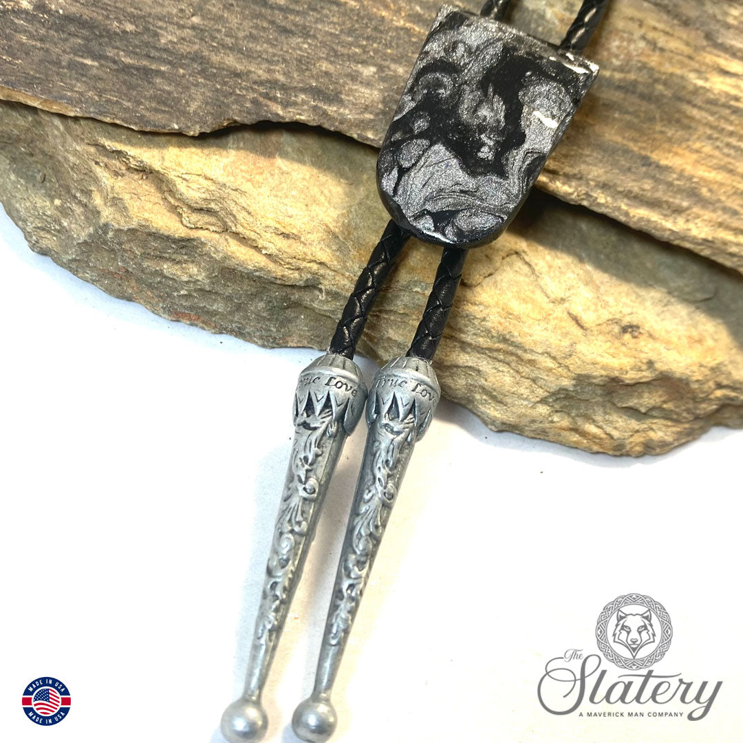 Smaller black and platinum bolo tie made from slate