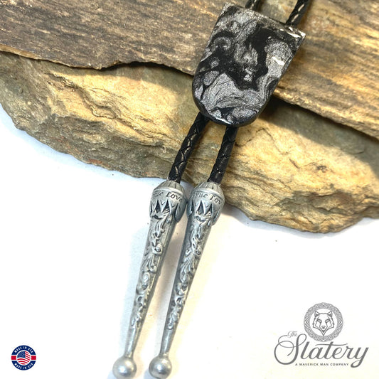 Smaller black and platinum bolo tie made from slate