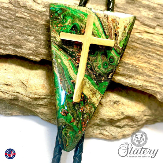 Large Christian bolo tie made with our hand painted green earthtones on slate