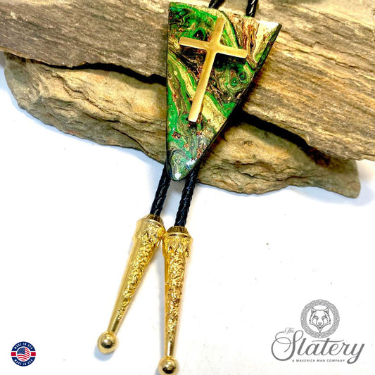 Large Christian bolo tie made with our hand painted green earthtones on slate