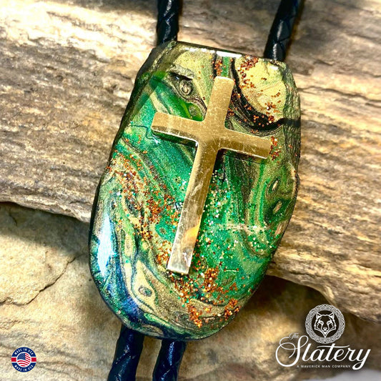 Christian bolo tie made with our hand painted green earthtones on slate