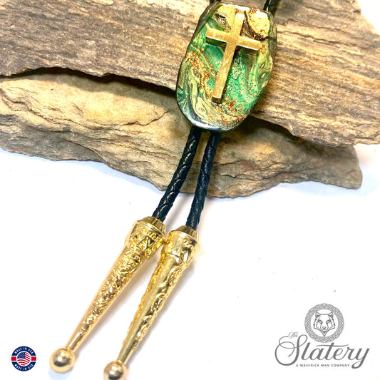 Christian bolo tie made with our hand painted green earthtones on slate