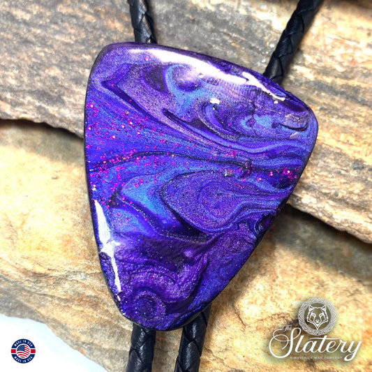 Hand painted slate bolo tie in dressy purples