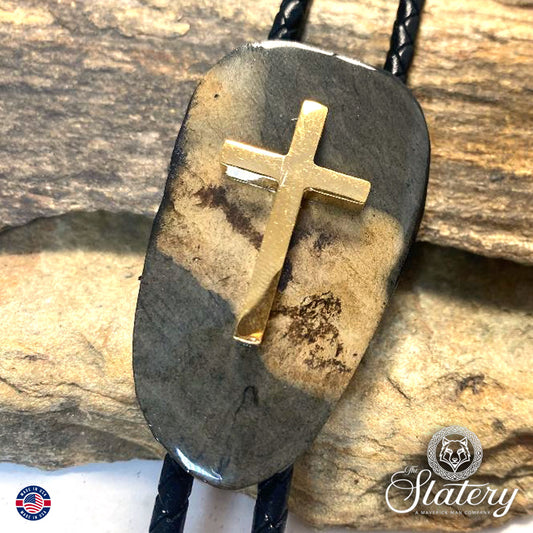 Natural slate bolo tie with stainless steel cross