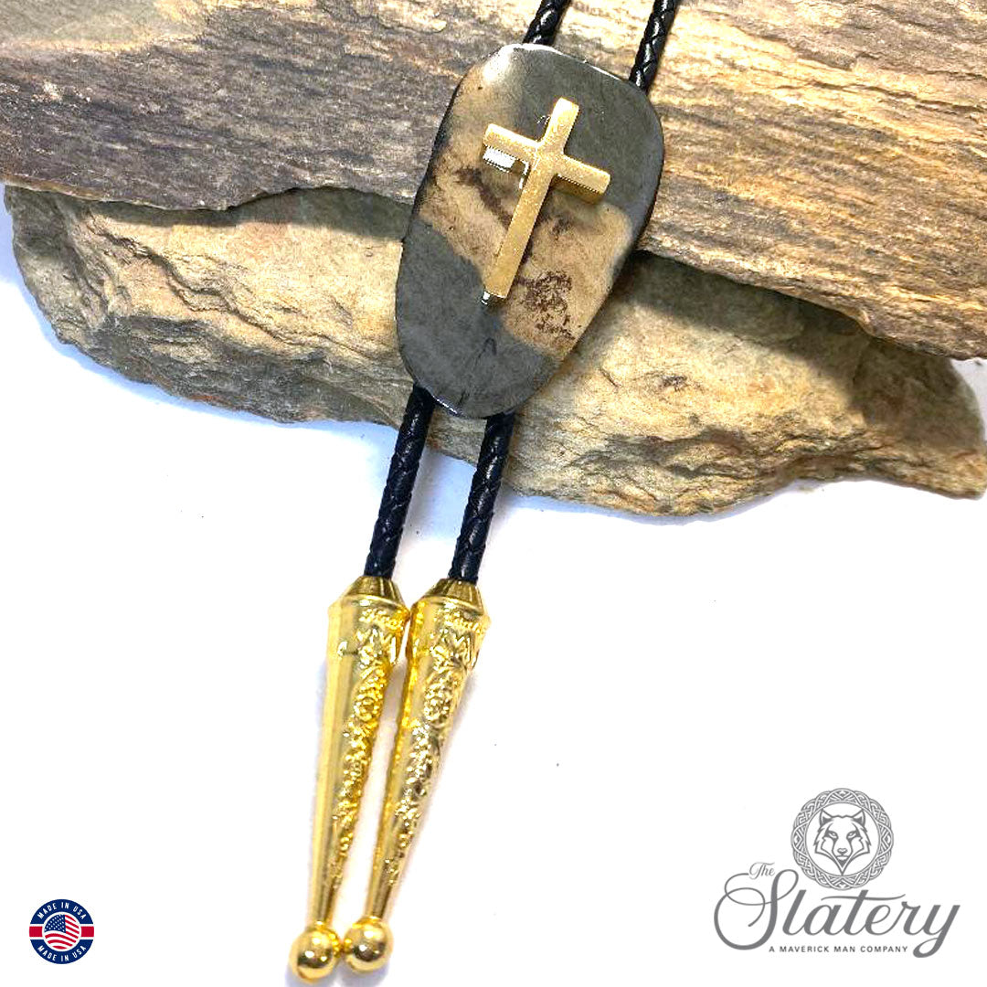 Natural slate bolo tie with stainless steel cross