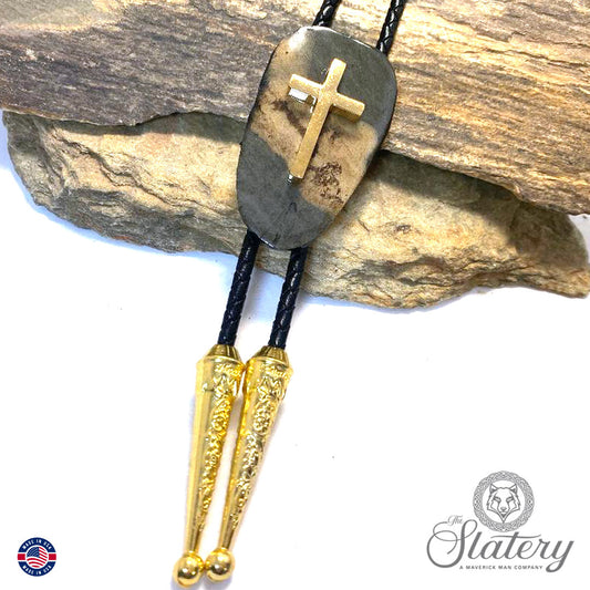 Natural slate bolo tie with stainless steel cross