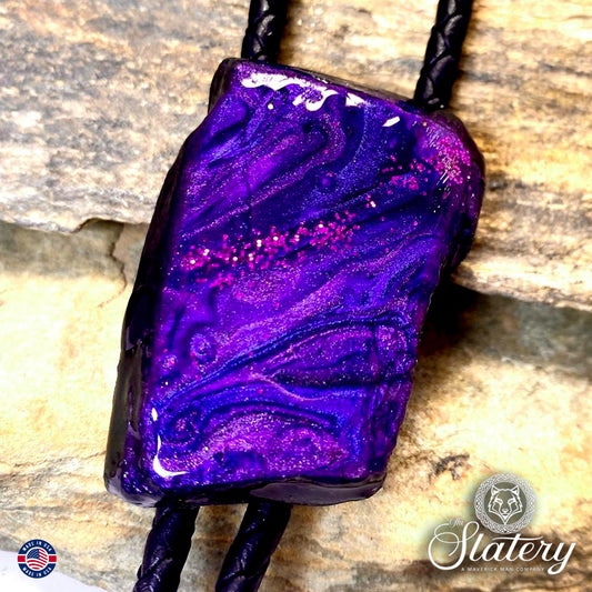 Eye-catching hand painted slate bolo tie in dressy purples