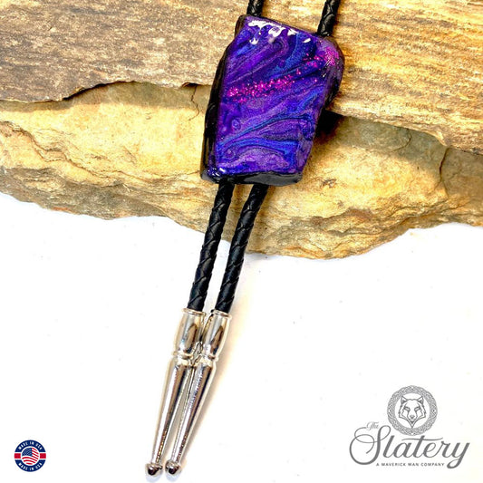 Eye-catching hand painted slate bolo tie in dressy purples