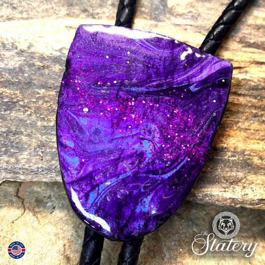 Hand painted slate bolo tie in dressy purples
