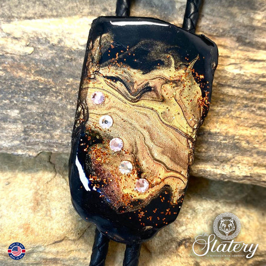 Dressy bolo tie made from slate with rich earthtones