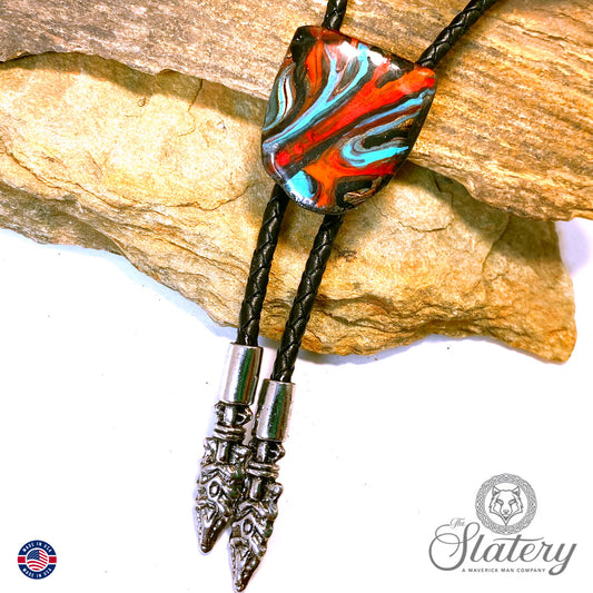 Small hand painted bolo tie made from slate in Southwestern colors