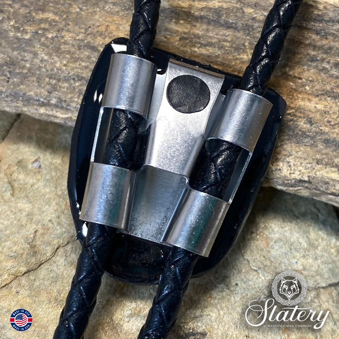 Small hand painted bolo tie made from slate in Southwestern colors