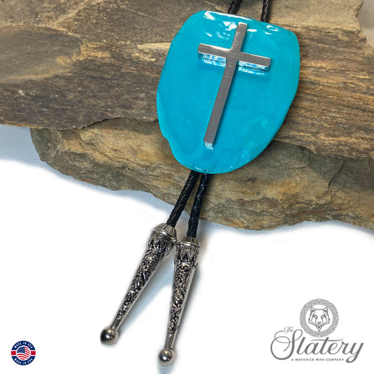Extra large metallic turquoise bolo tie with stainless steel cross