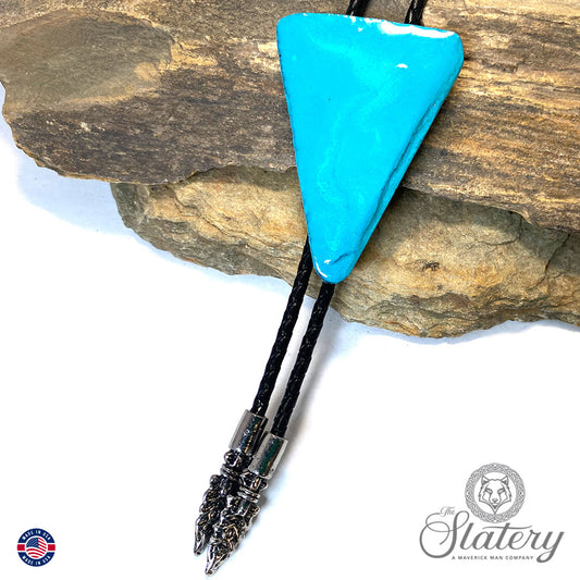 Large metallic turquoise arrowhead bolo tie