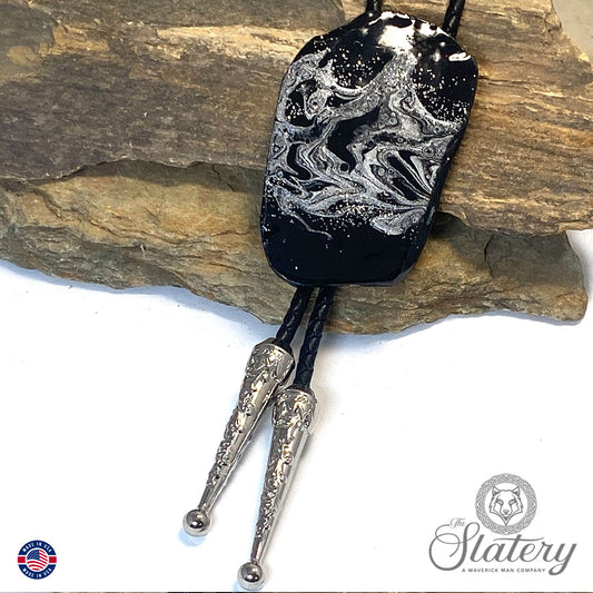Extra large dressy bolo tie in black and silver