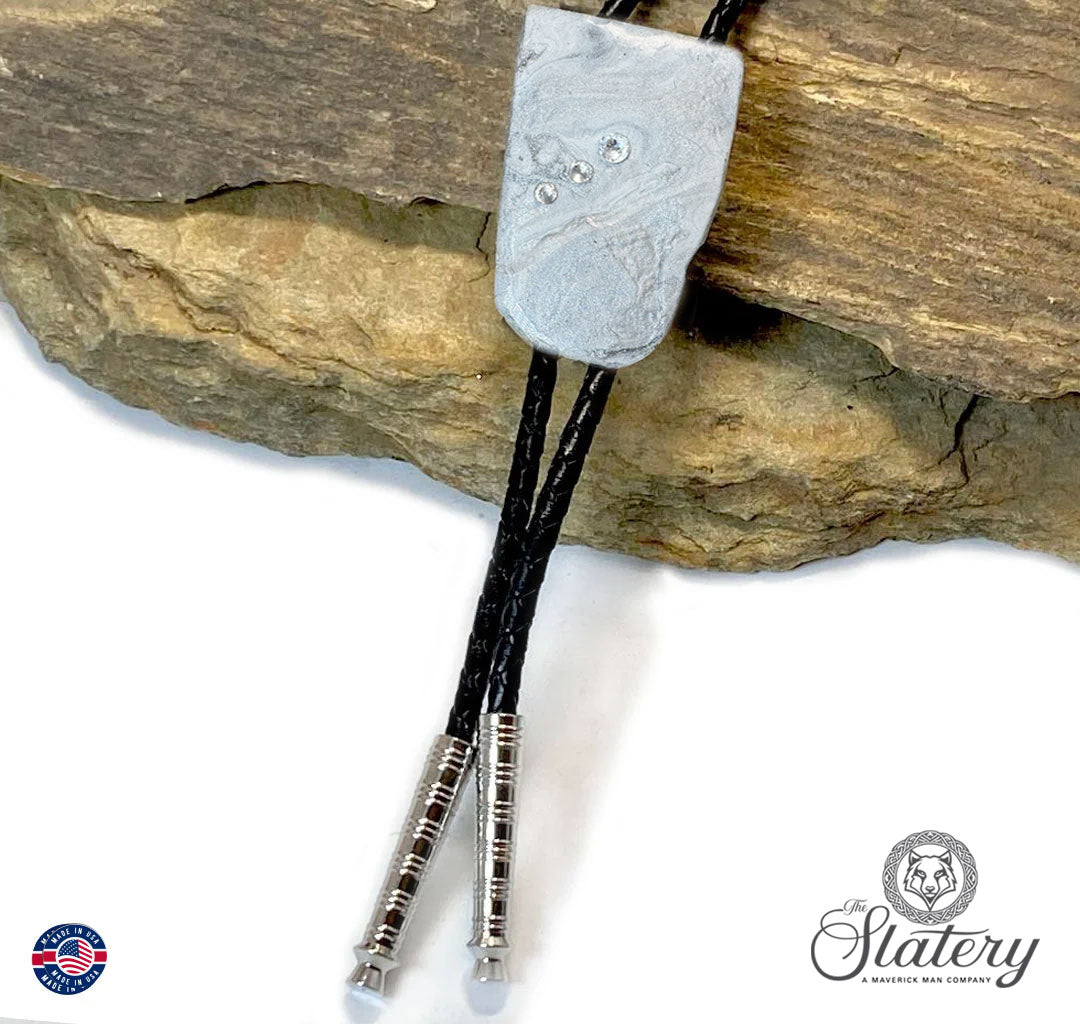 Hand painted slate bolo tie with Silver and White