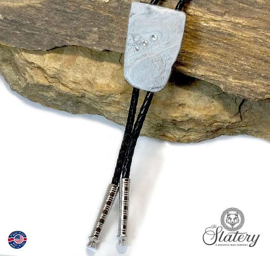 Hand painted slate bolo tie with Silver and White