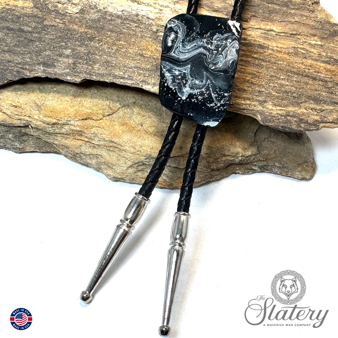 Dressy bolo tie made from slate with silver accents