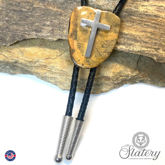 Natural slate bolo tie with stainless steel cross