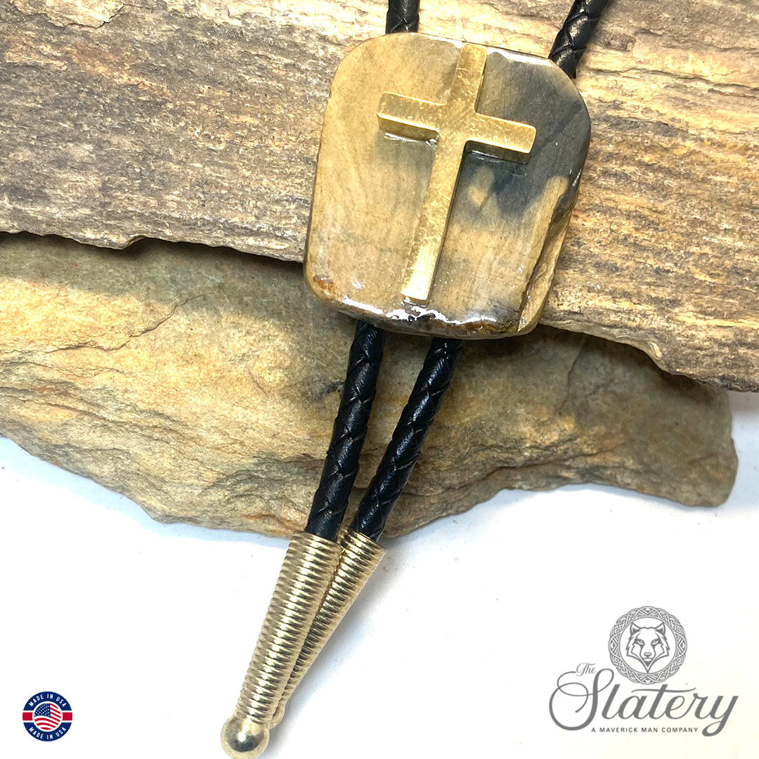 Natural slate bolo tie with stainless steel cross