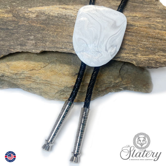 Silver and white bolo tie made from slate