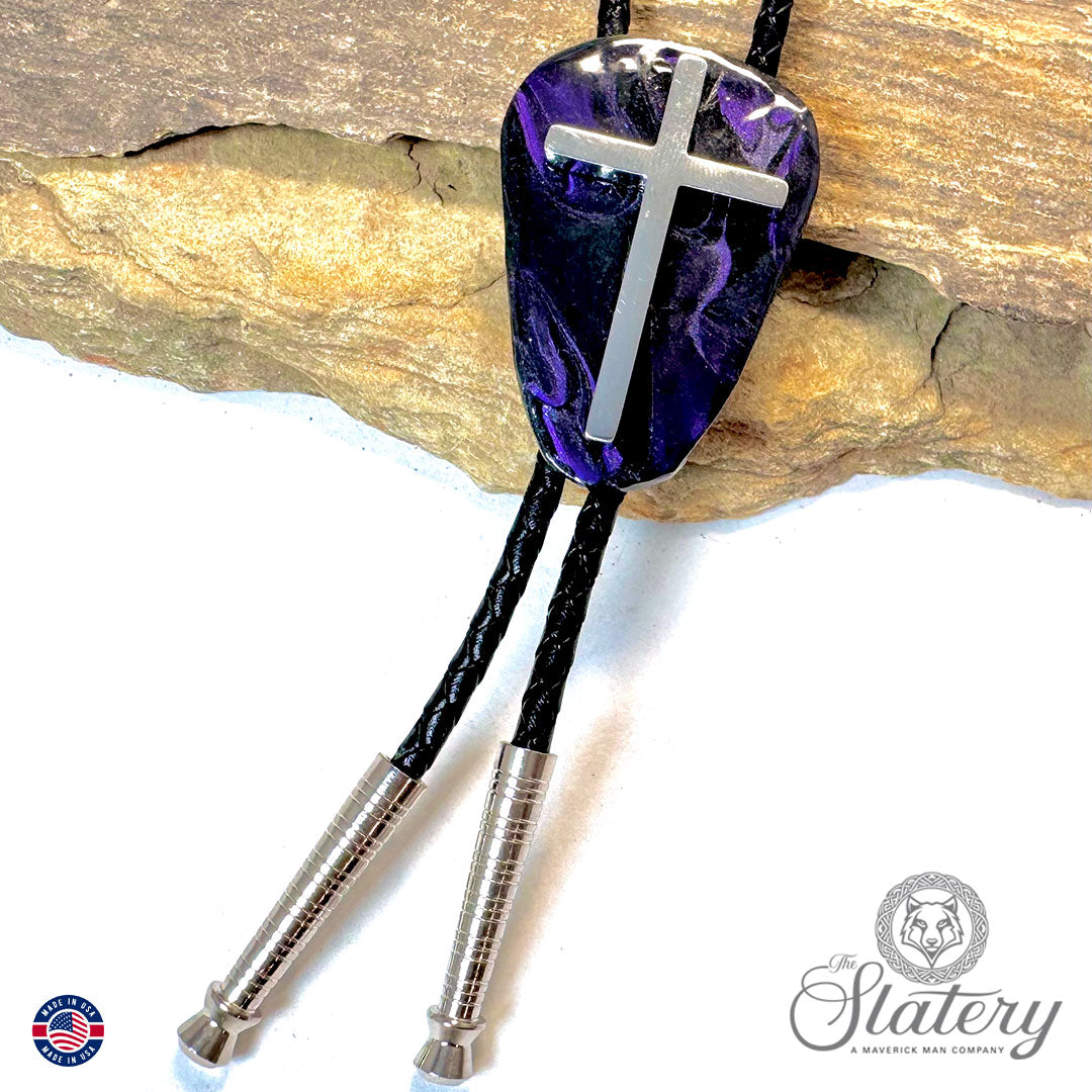 Purple and black bolo tie made from slate with stainless steel cross