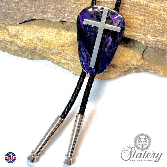 Purple and black bolo tie made from slate with stainless steel cross
