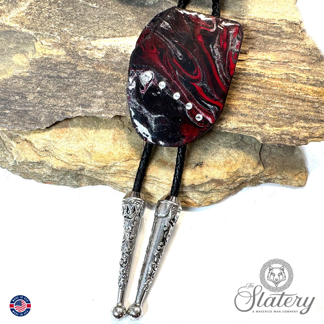 Large red and black slate bolo tie with bling