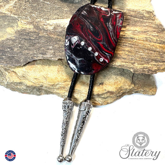 Large red and black slate bolo tie with bling