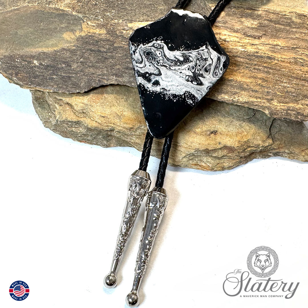 Black and silver arrowhead bolo tie made from slate