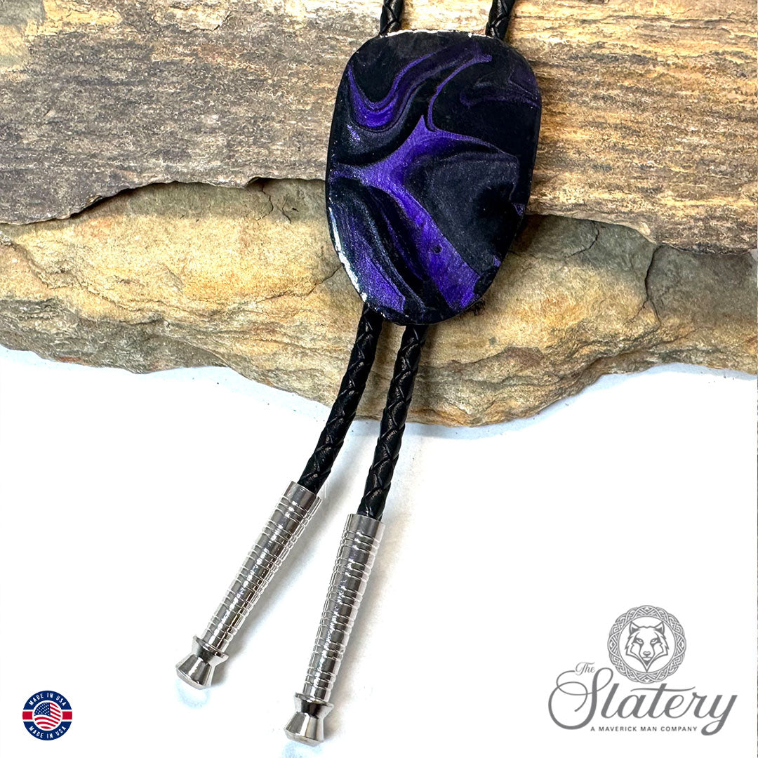 Medium sized purple and black bolo tie made from slate