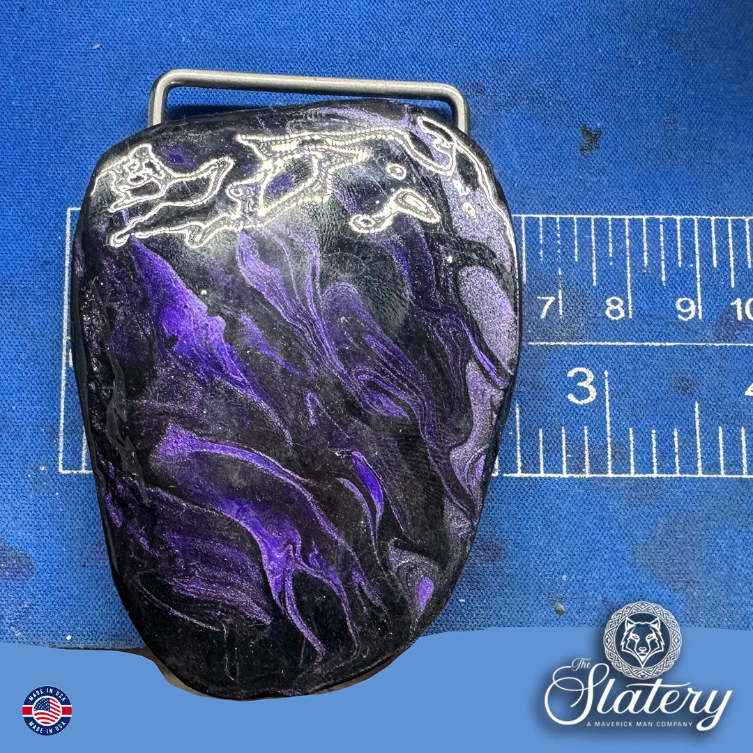Black and purple bolo tie and buckle set made from slate