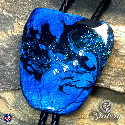 Black and blue bolo tie and buckle set made from slate