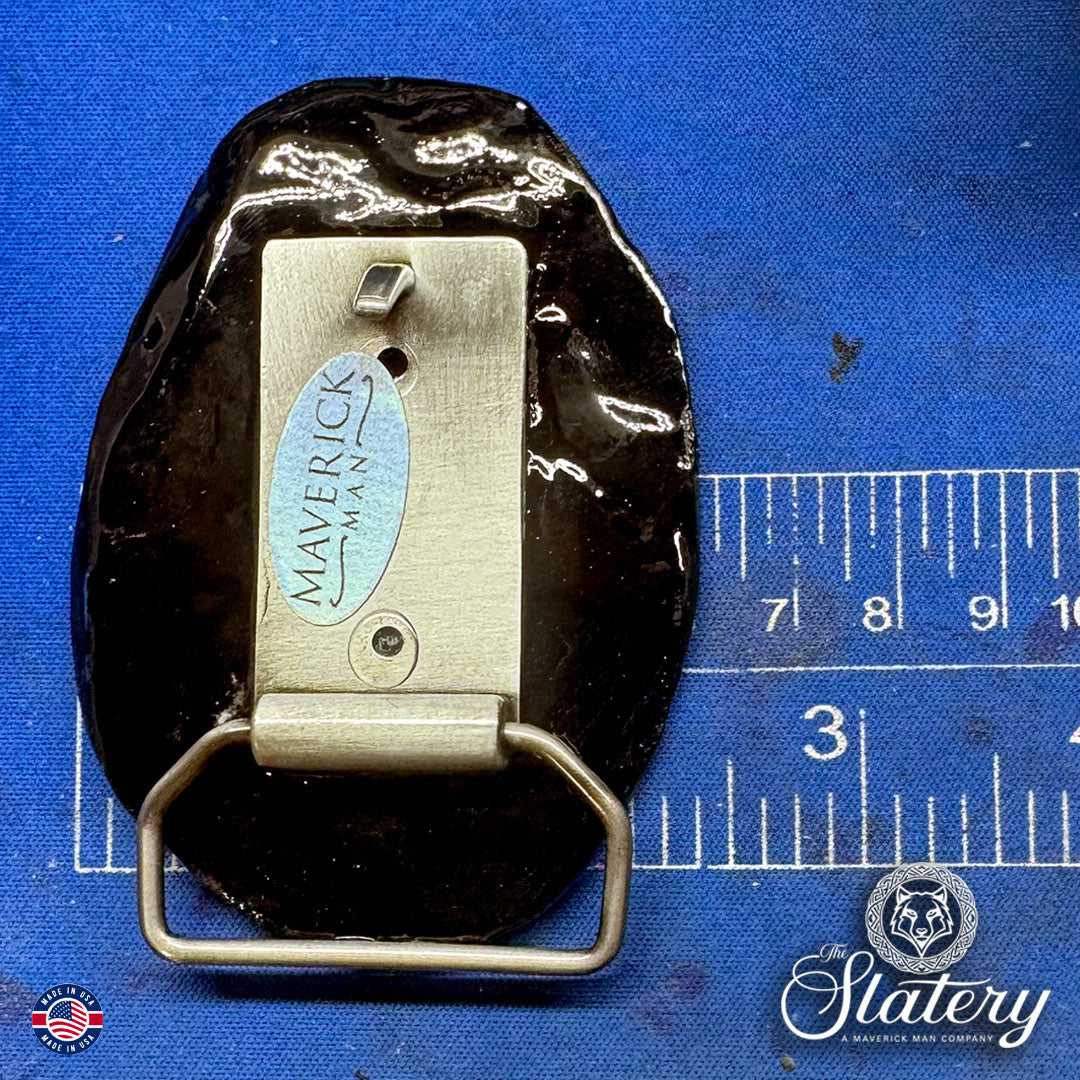 Black and blue bolo tie and buckle set made from slate