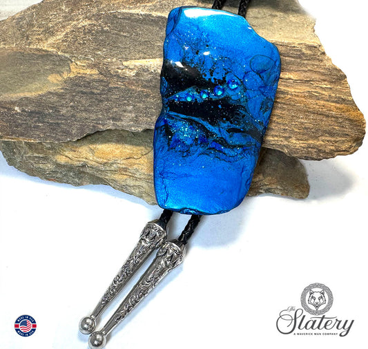 Extra Large slate bolo tie in electric blue and black with bling