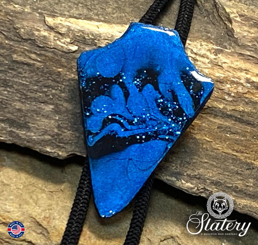 Slate arrowhead bolo tie in metallic blue and black