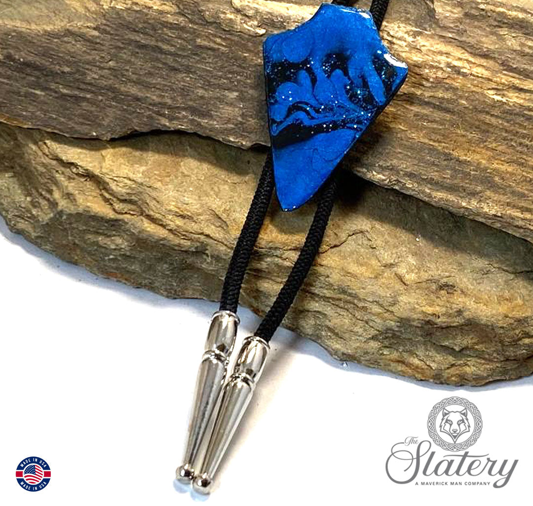 Slate arrowhead bolo tie in metallic blue and black