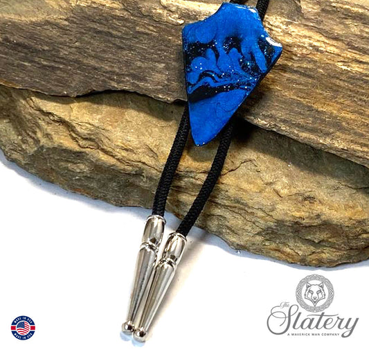 Slate arrowhead bolo tie in metallic blue and black