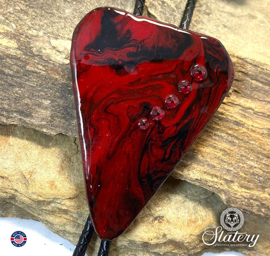 Extra Large hand painted bolo tie made from slate in red and black with crystals