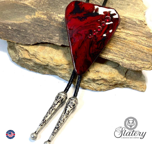 Extra Large hand painted bolo tie made from slate in red and black with crystals