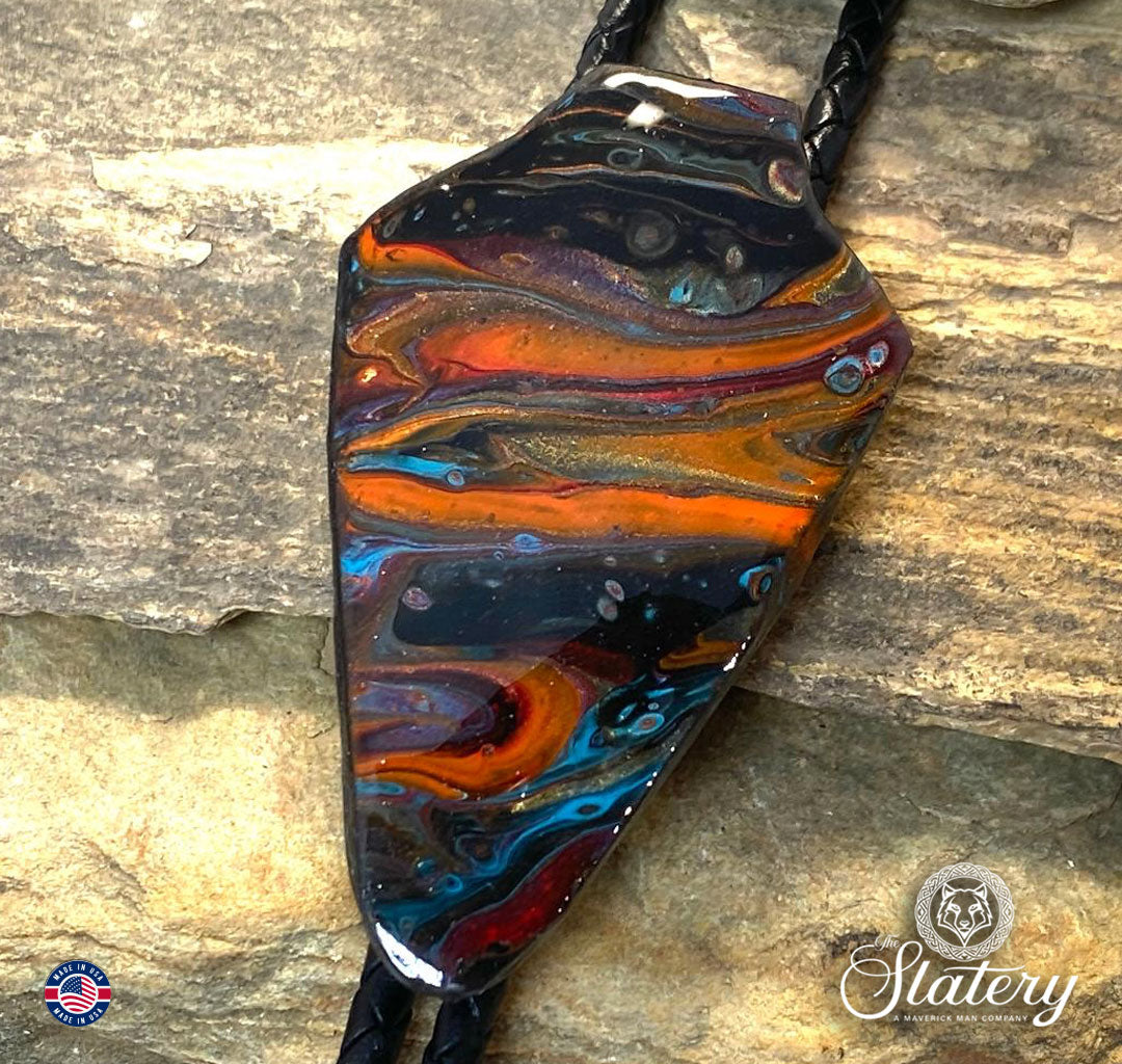 Large hand painted arrowhead bolo tie made from slate in Southwestern color