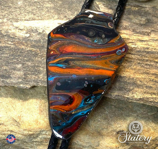 Large hand painted arrowhead bolo tie made from slate in Southwestern color