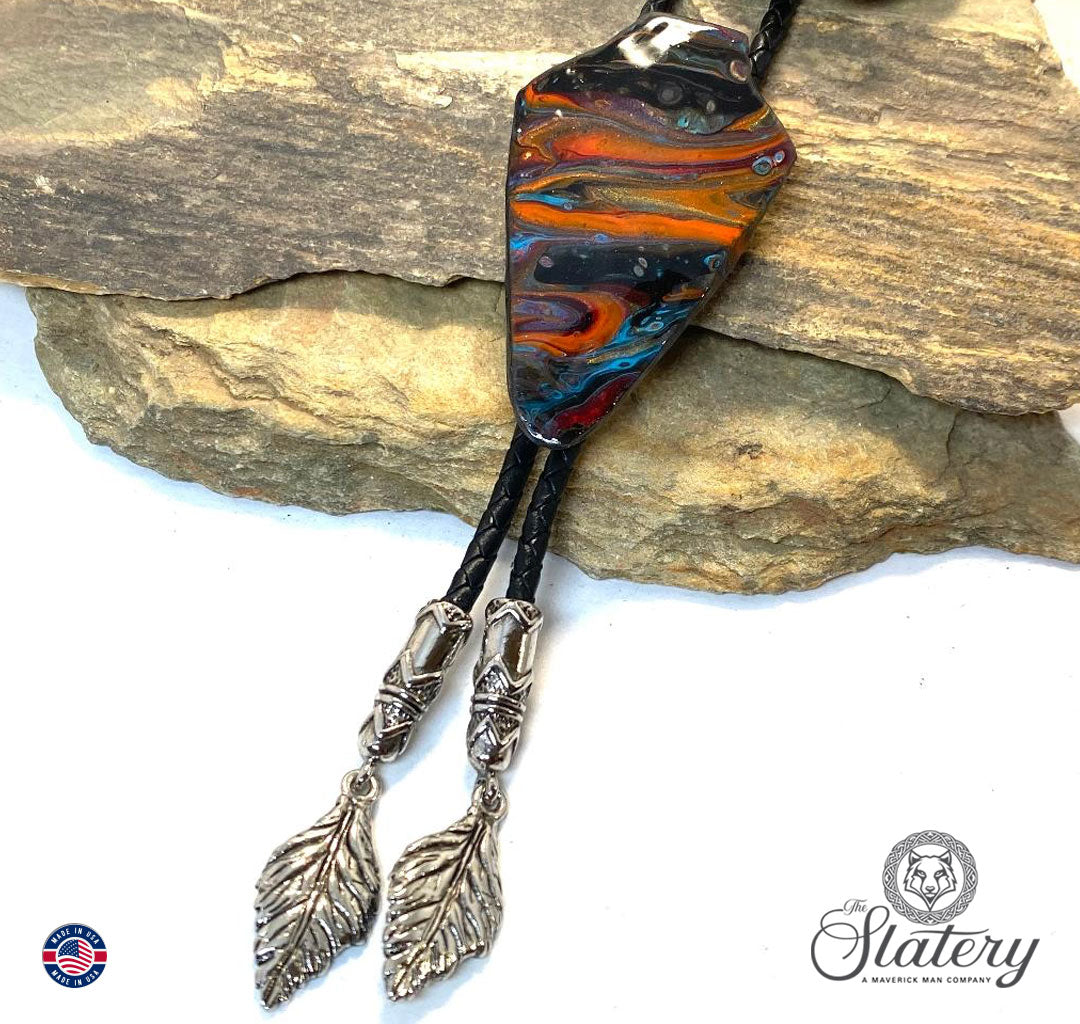 Large hand painted arrowhead bolo tie made from slate in Southwestern color