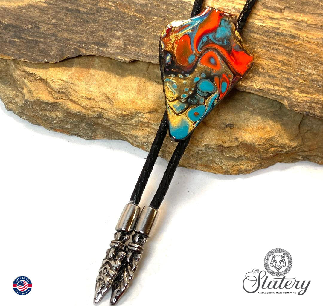 Large hand painted arrowhead bolo tie made from slate in Southwestern colors