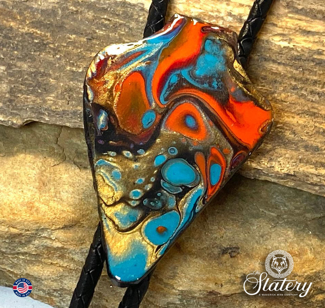 Large hand painted arrowhead bolo tie made from slate in Southwestern colors