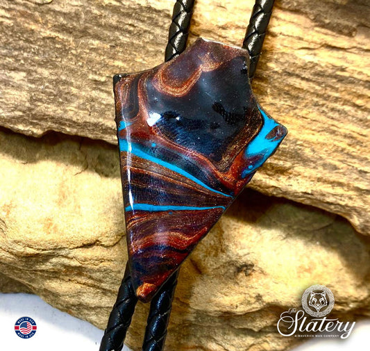 Small hand painted arrowhead bolo tie made from slate in Southwestern colors