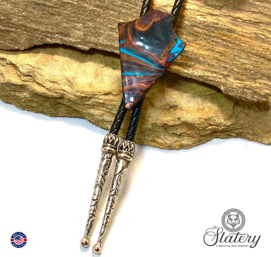 Small hand painted arrowhead bolo tie made from slate in Southwestern colors