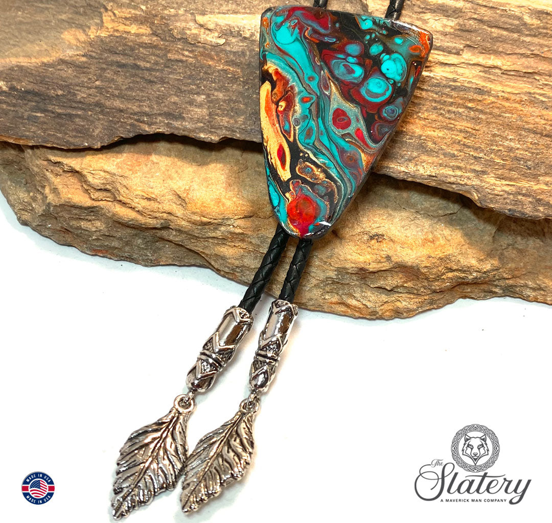 Extra Large hand painted arrowhead bolo tie made from slate in Southwestern colors