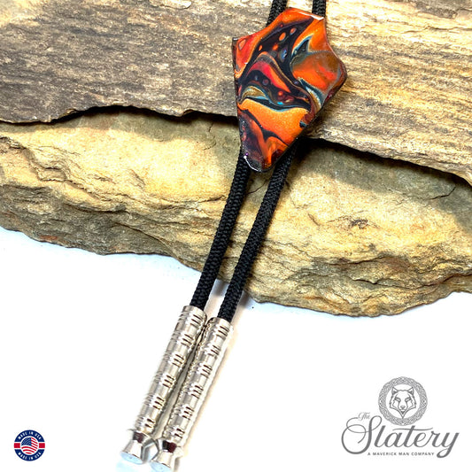 Smaller hand painted arrowhead bolo tie made from slate in Southwestern colors