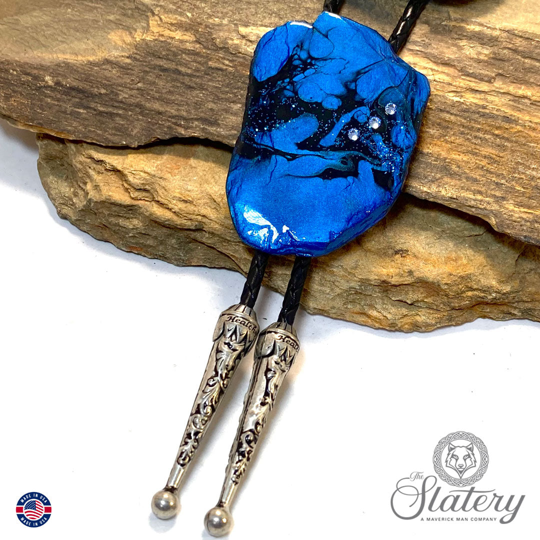 Extra Large slate bolo tie in metallic blue and black